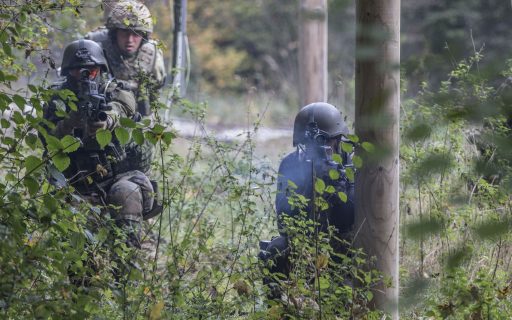 © Luftwaffe/Ronja Entreß Deutsche und britische Soldaten durchkämmen den Wald auf der Suche nach einem feindlichen Panzerfaust-Schützen.